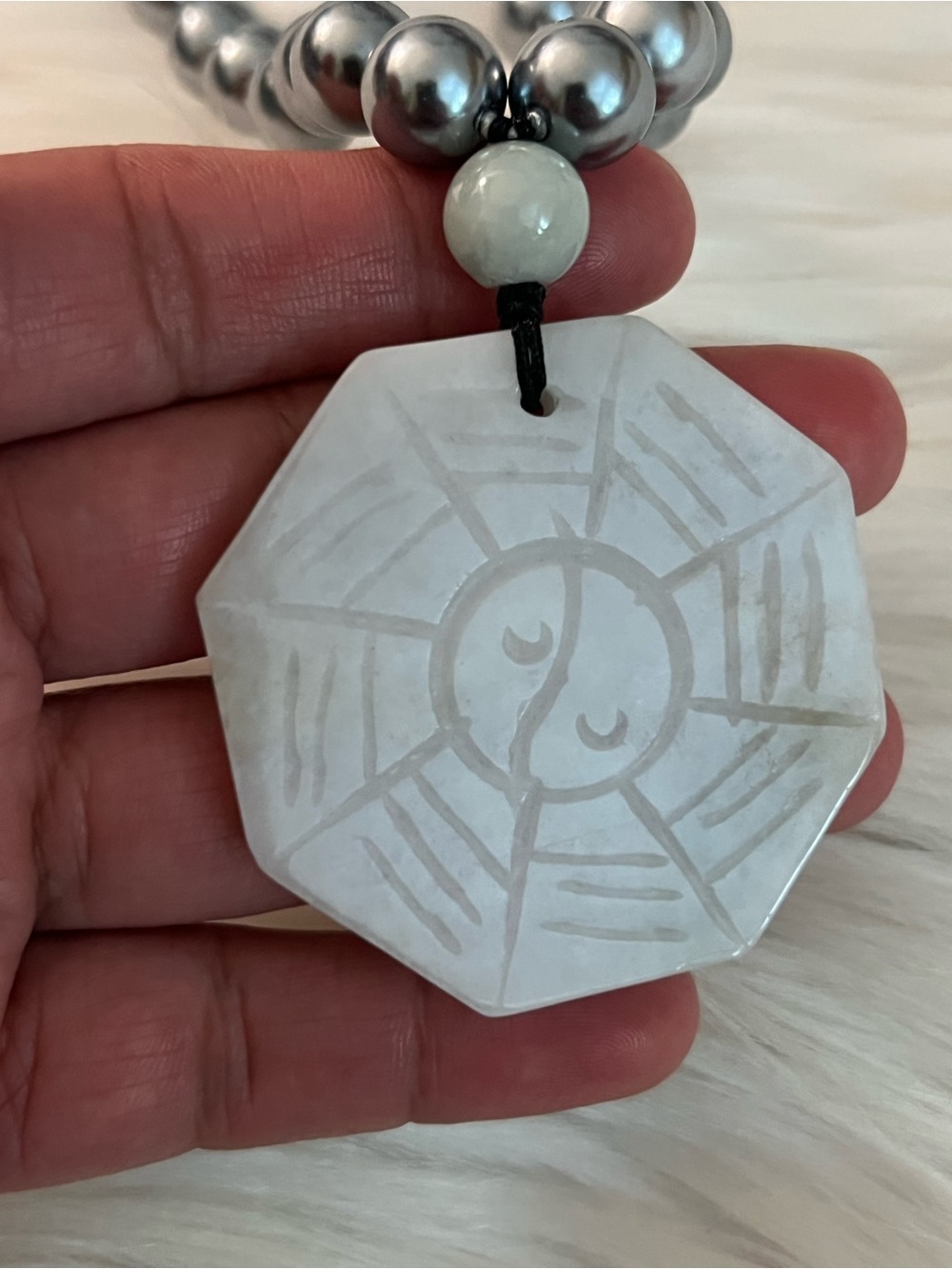 Gray Pearl Bead Necklace with Jade Yin-Yang Pendant